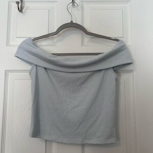 Elegant Off-Shoulder Blue Ribbed Crop Top